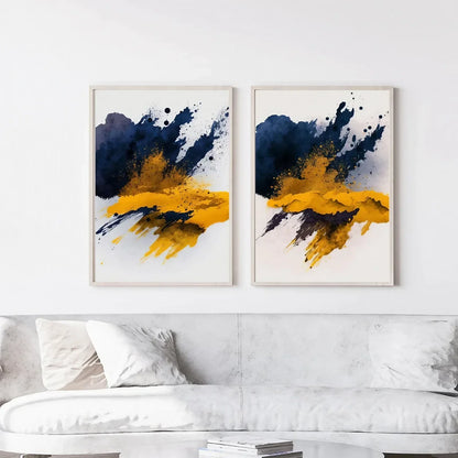 Indigo Blue, Mustard Yellow, Abstract Wall Art Set of 2 Wall Frames