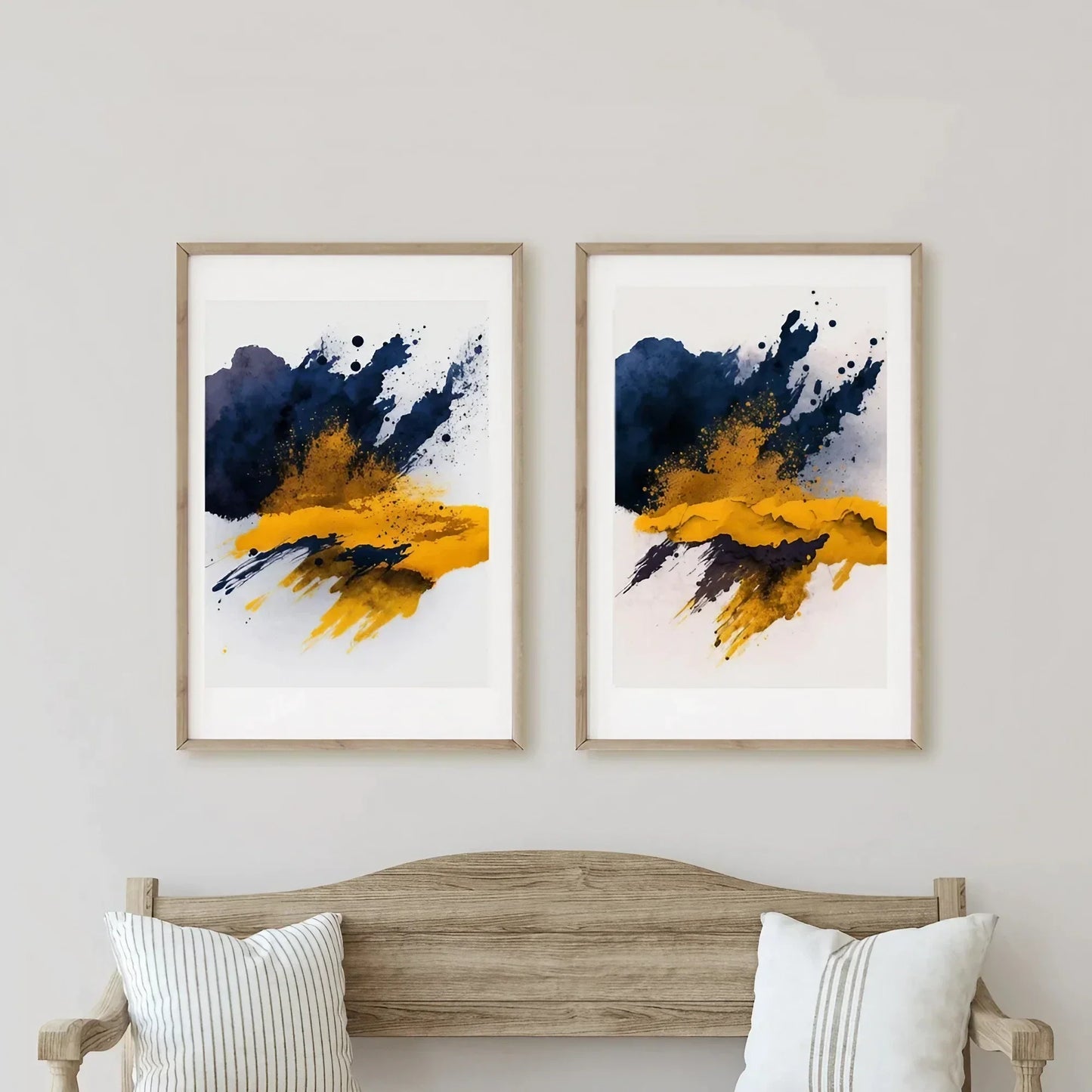 Indigo Blue, Mustard Yellow, Abstract Wall Art Set of 2 Wall Frames