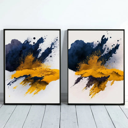 Indigo Blue, Mustard Yellow, Abstract Wall Art Set of 2 Wall Frames