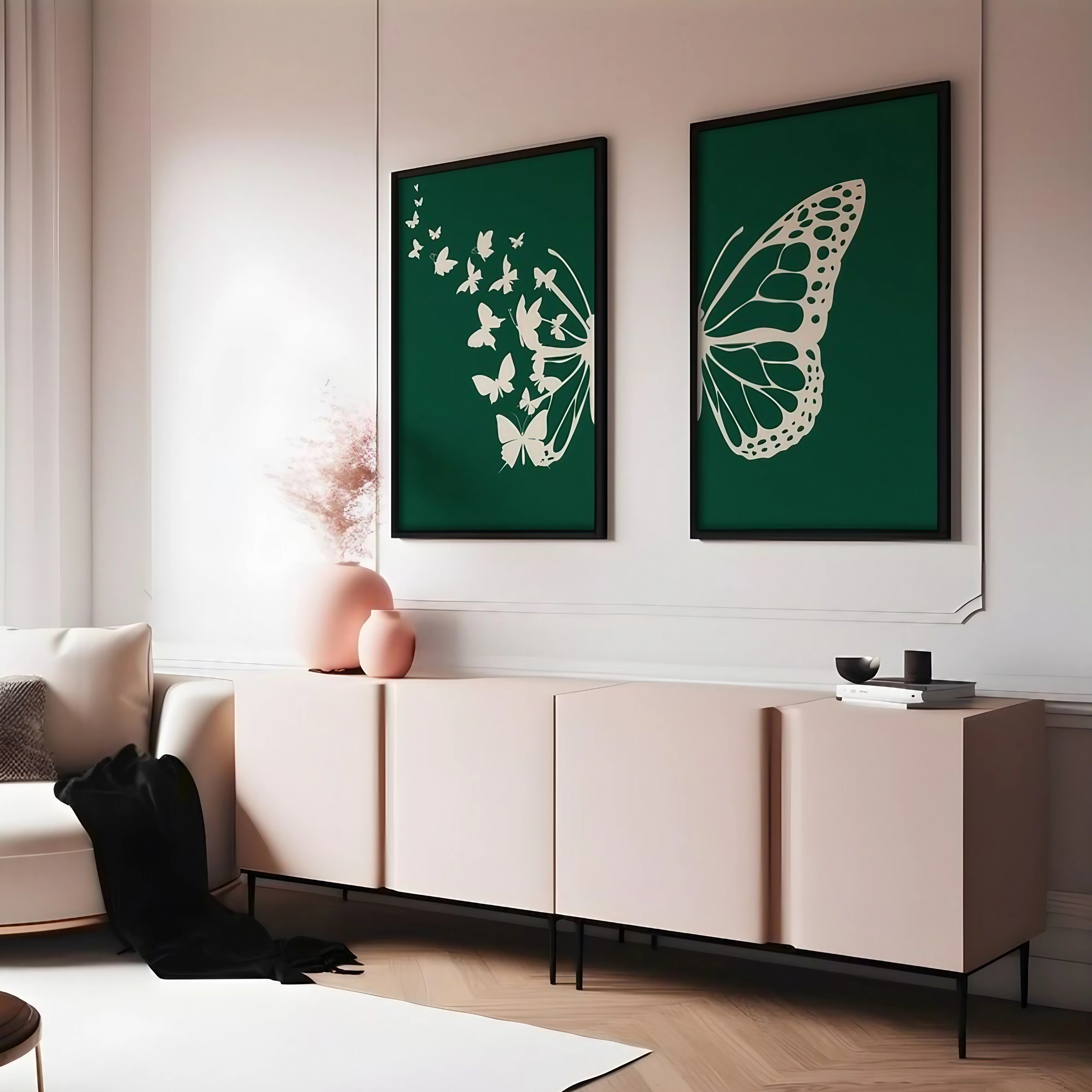 Abstract Botanical Butterfly Saga Green Bedroom Wall Decor Wall Art Frames