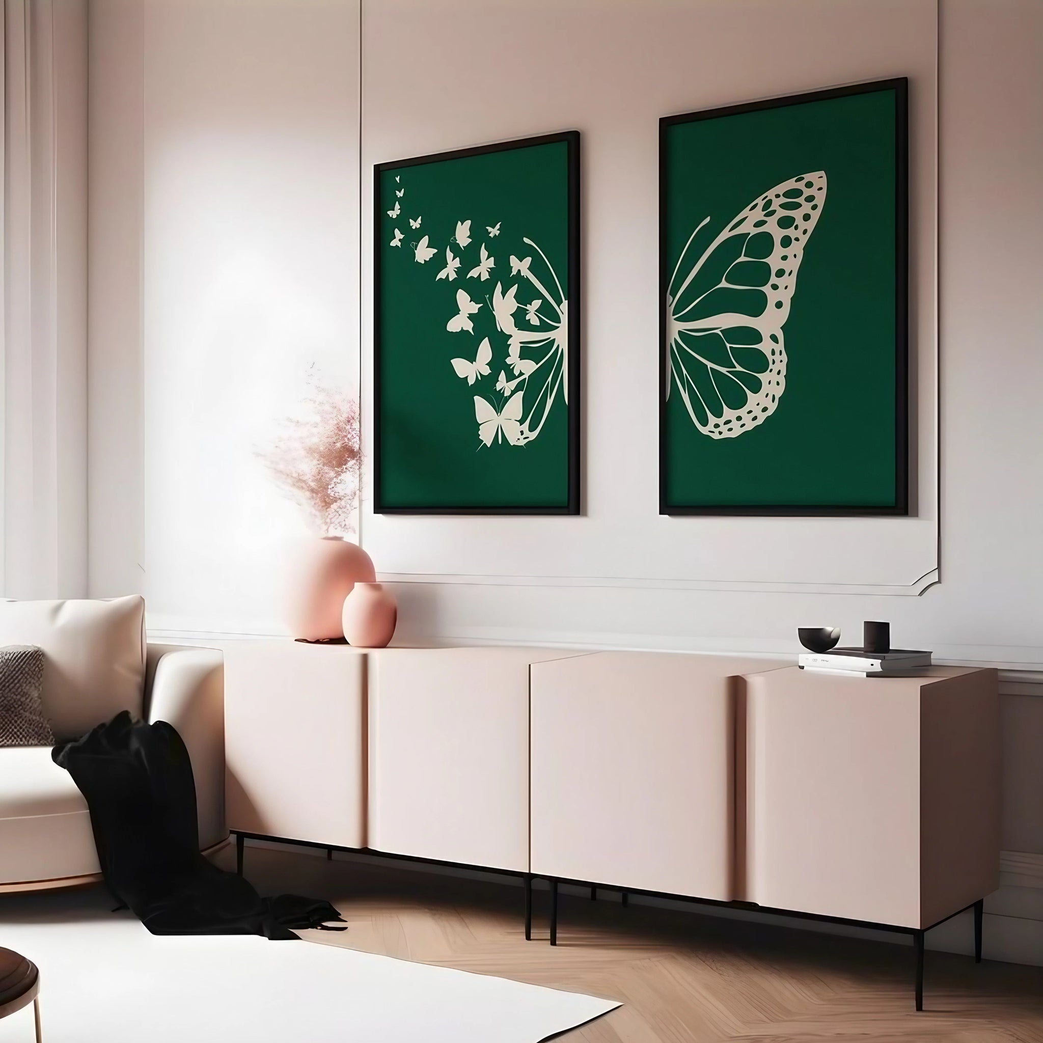 Abstract Botanical Butterfly Saga Green Bedroom Wall Decor Wall Art Frames