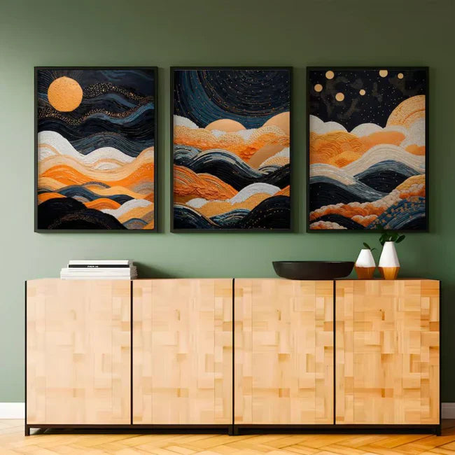 Orange And Blue Modern Neutral Abstract Wall Art Set of 3 Wall Frames