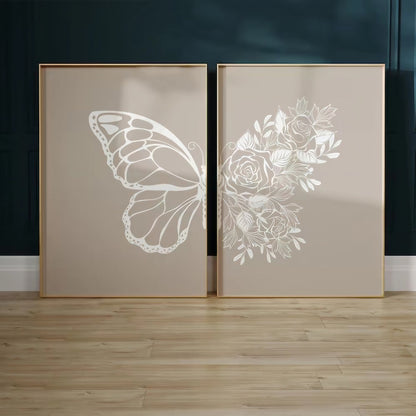Butterfly Grey Modern Wall Art Set of 2 Wall Frames