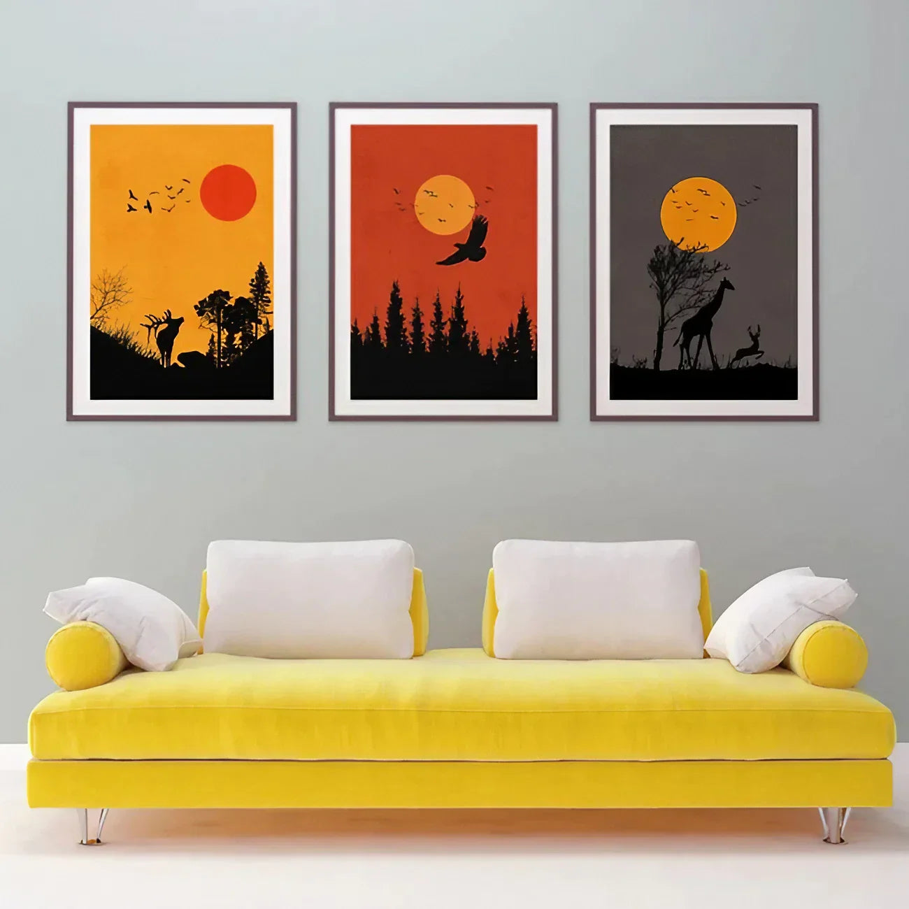 Boho Animal Set of 3 Safari Sun Set Wall Art
