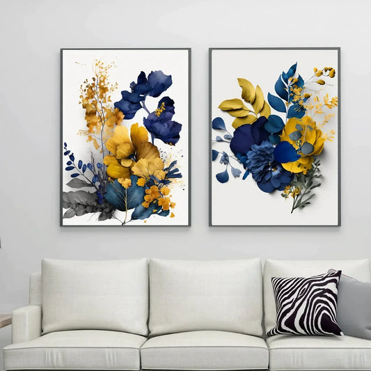 Indigo Blue and Mustard, Abstract Wall Art Set of 2 Wall Frames