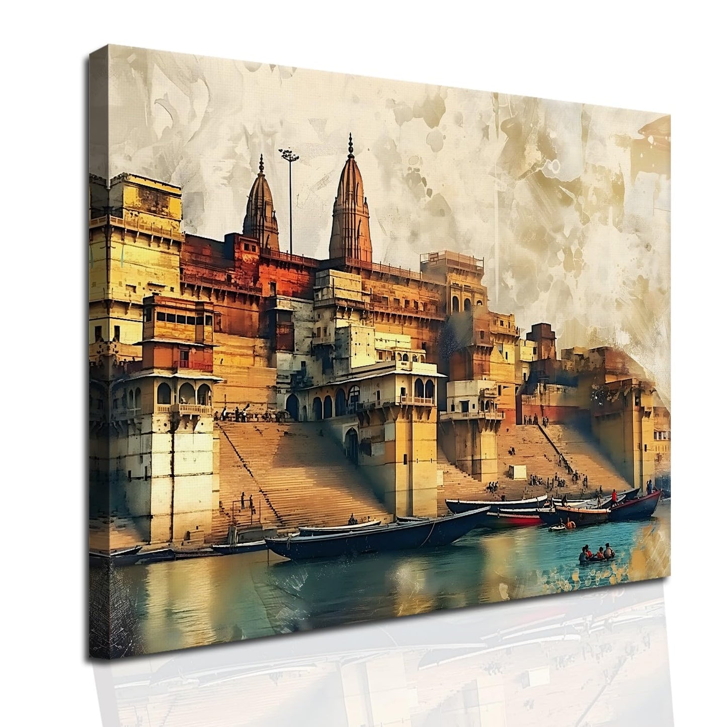 Banaras Ghat Paintings for Living Room | Varanasi Ghat Ganga River Canvas Wall Art | Indian Traditional Wall Painting for Décor
