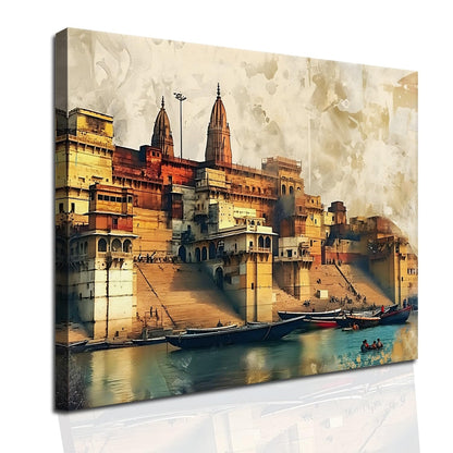 Banaras Ghat Paintings for Living Room | Varanasi Ghat Ganga River Canvas Wall Art | Indian Traditional Wall Painting for Décor