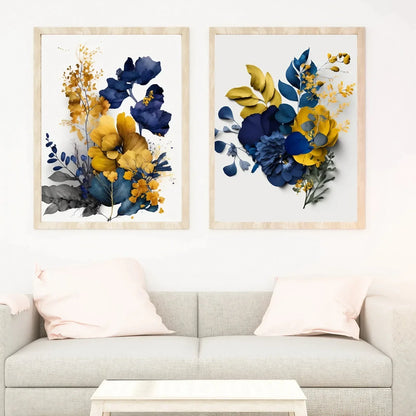 Indigo Blue and Mustard, Abstract Wall Art Set of 2 Wall Frames