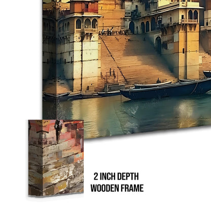 Banaras Ghat Paintings for Living Room | Varanasi Ghat Ganga River Canvas Wall Art | Indian Traditional Wall Painting for Décor