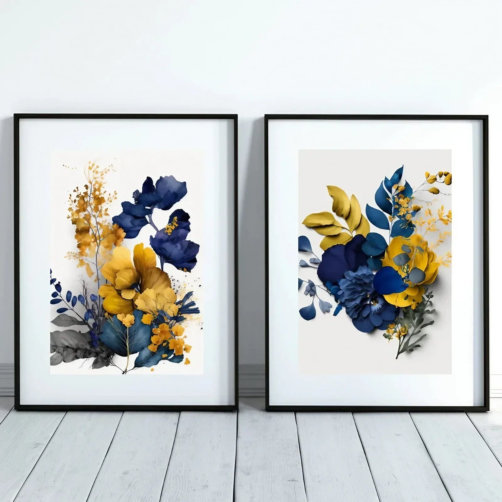 Indigo Blue and Mustard, Abstract Wall Art Set of 2 Wall Frames