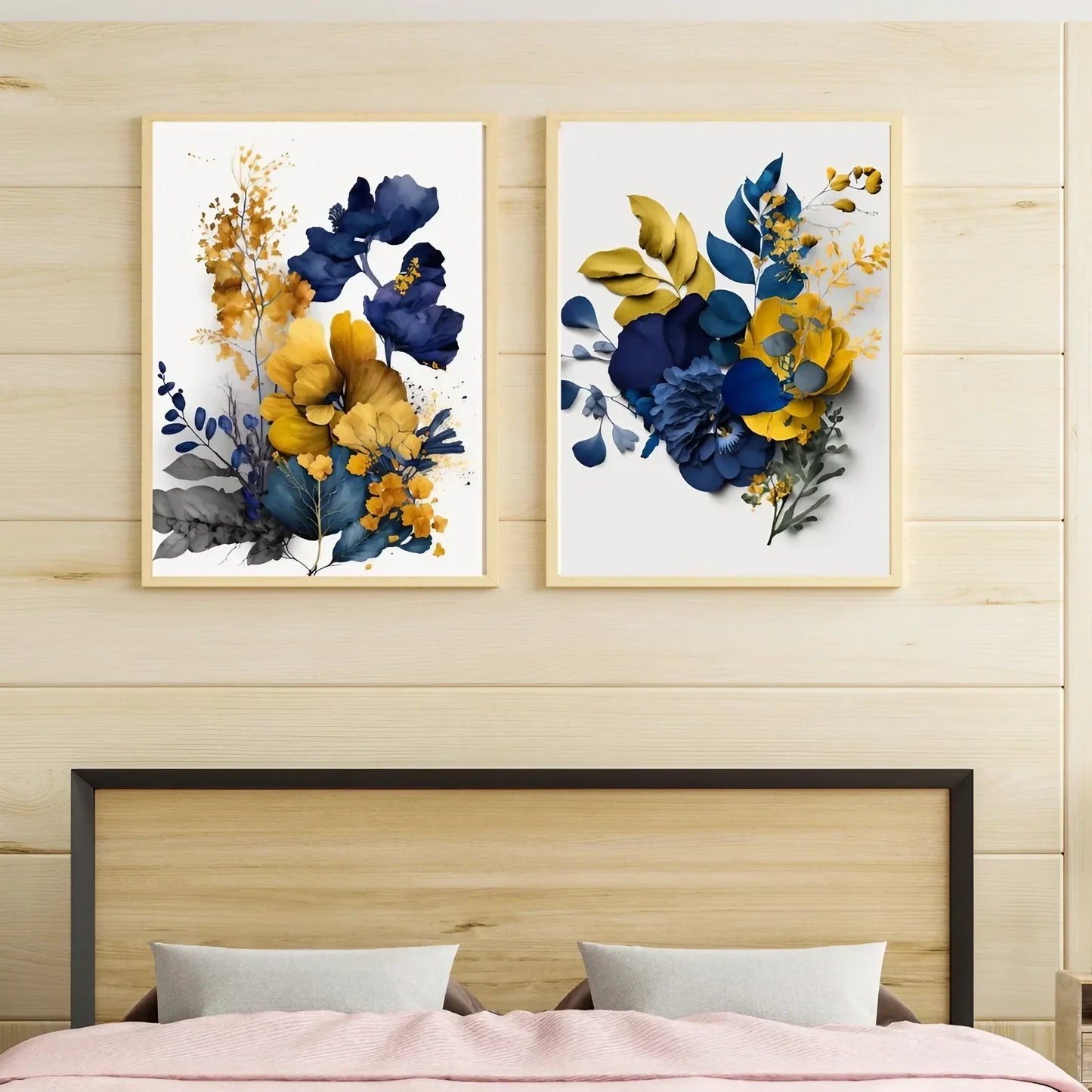 Indigo Blue and Mustard, Abstract Wall Art Set of 2 Wall Frames