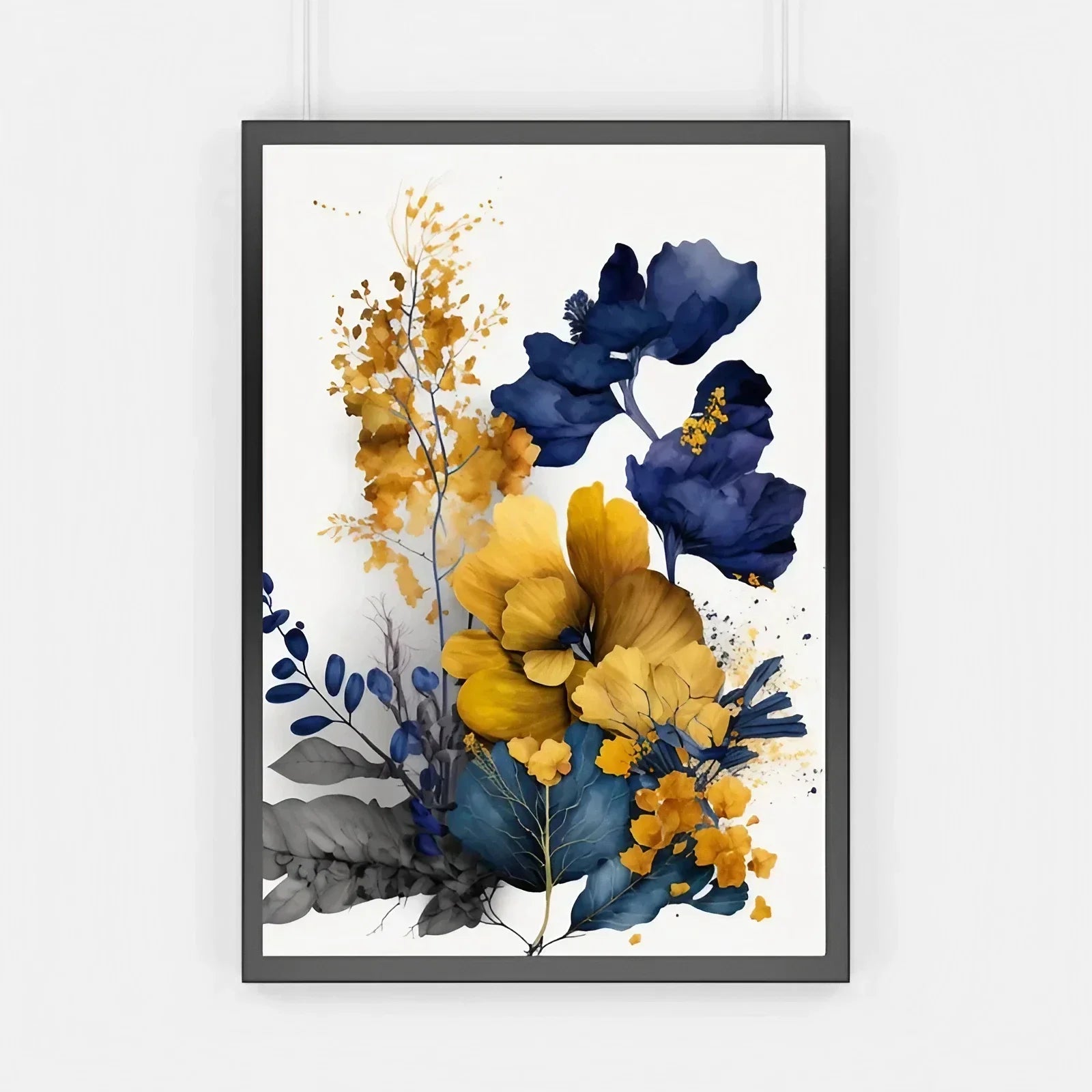 Indigo Blue and Mustard, Abstract Wall Art Set of 2 Wall Frames