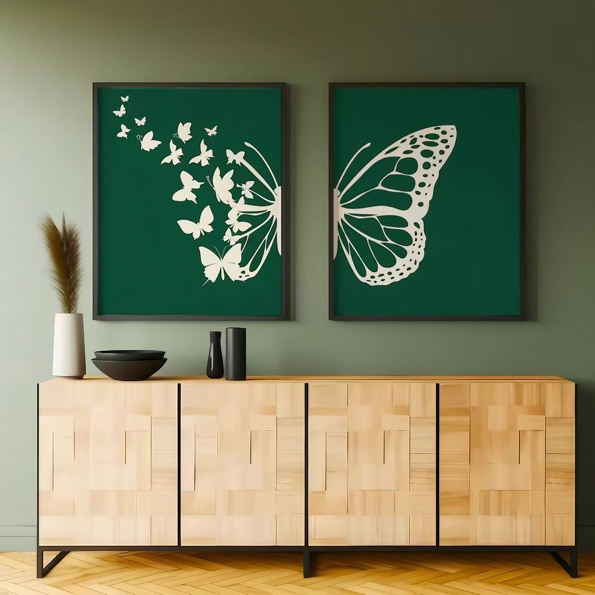 Abstract Botanical Butterfly Saga Green Bedroom Wall Decor Wall Art Frames