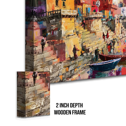 Banaras Ghat Paintings for Living Room | Varanasi Ghat Ganga River Canvas Wall Art | Indian Traditional Wall Painting for Décor
