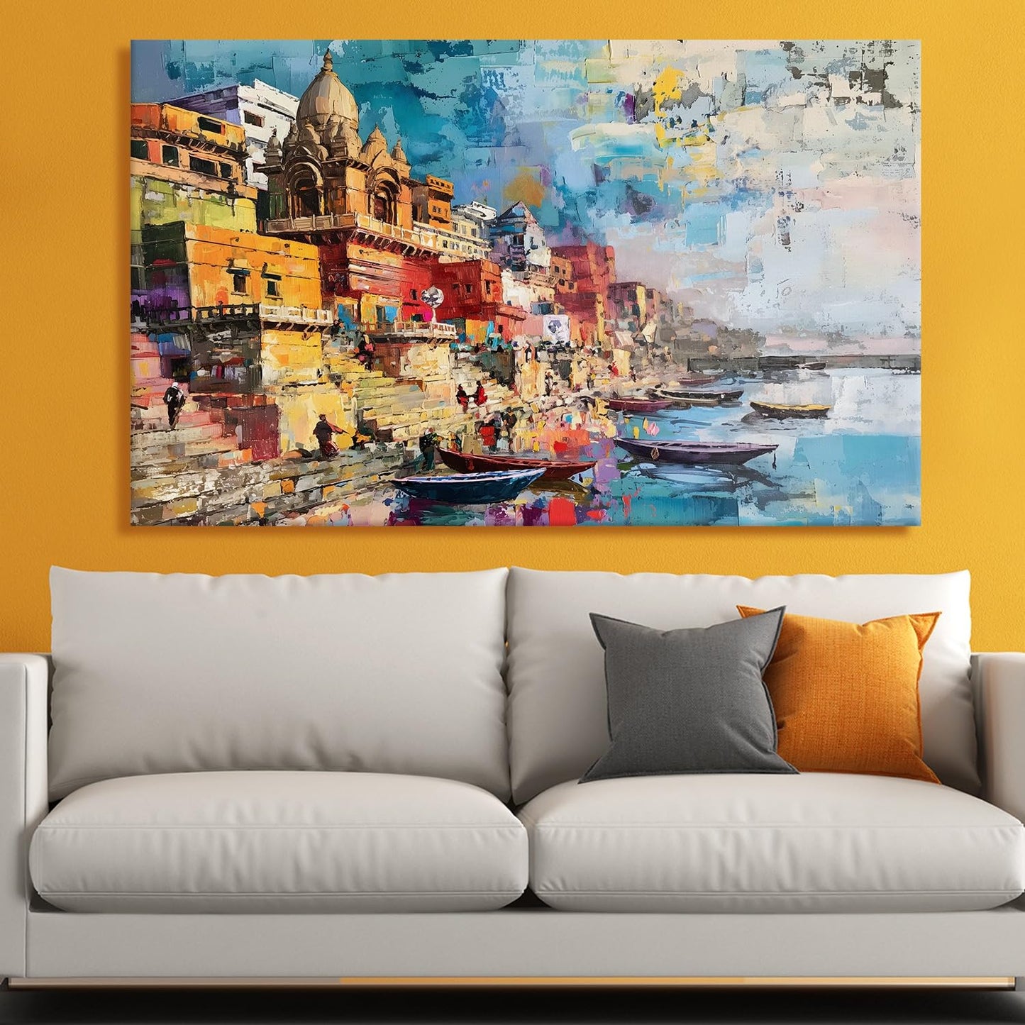 Banaras Ghat Paintings for Living Room | Varanasi Ghat Ganga River Canvas Wall Art | Indian Traditional Wall Painting for Décor