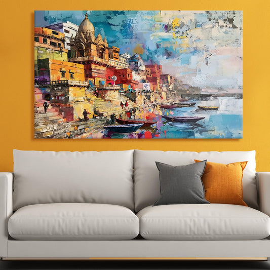 Banaras Ghat Paintings for Living Room | Varanasi Ghat Ganga River Canvas Wall Art | Indian Traditional Wall Painting for Décor