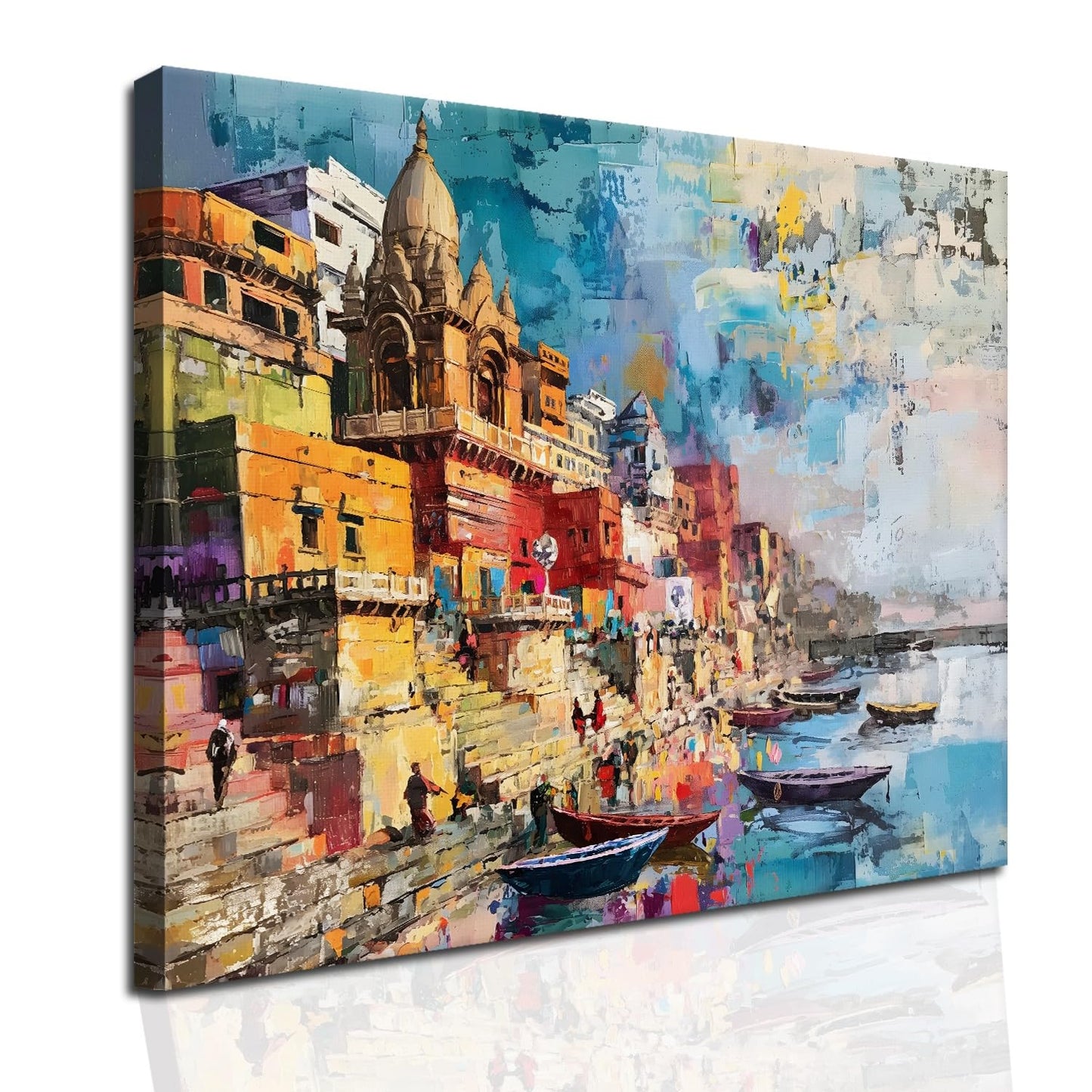 Banaras Ghat Paintings for Living Room | Varanasi Ghat Ganga River Canvas Wall Art | Indian Traditional Wall Painting for Décor