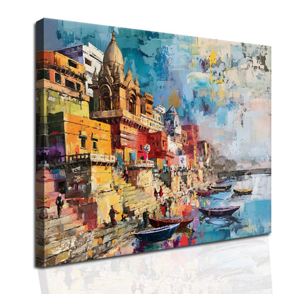 Banaras Ghat Paintings for Living Room | Varanasi Ghat Ganga River Canvas Wall Art | Indian Traditional Wall Painting for Décor