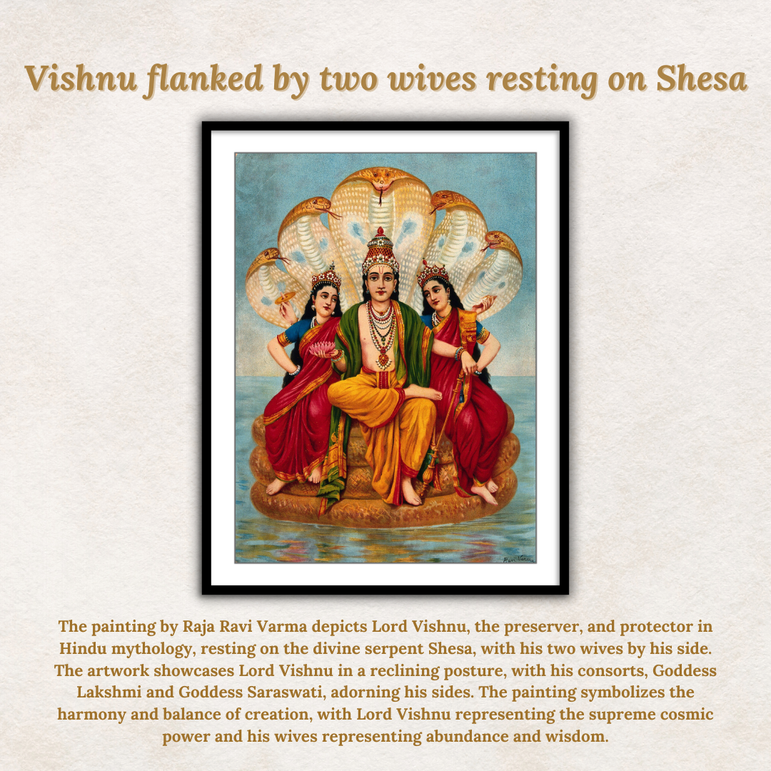 god vishnu painting wit his two wives framed art for wall decor