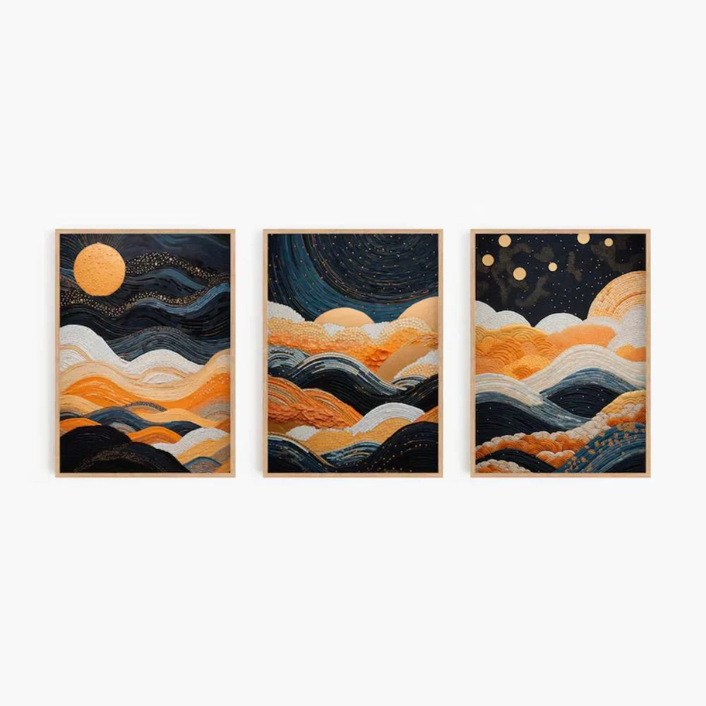 Orange And Blue Modern Neutral Abstract Wall Art Set of 3 Wall Frames