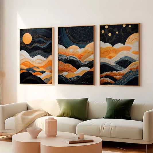 Orange And Blue Modern Neutral Abstract Wall Art Set of 3 Wall Frames