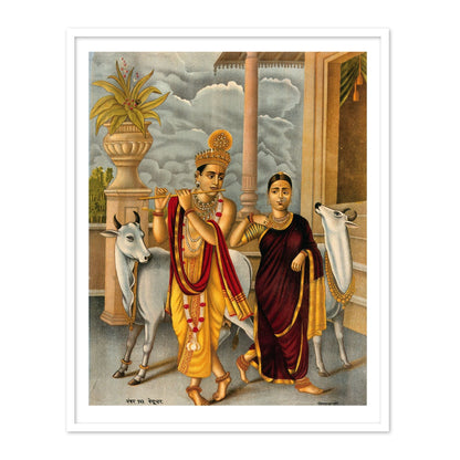 Krishna playing the flute to a dancing Radha by Raja Ravi Varma Wall Art