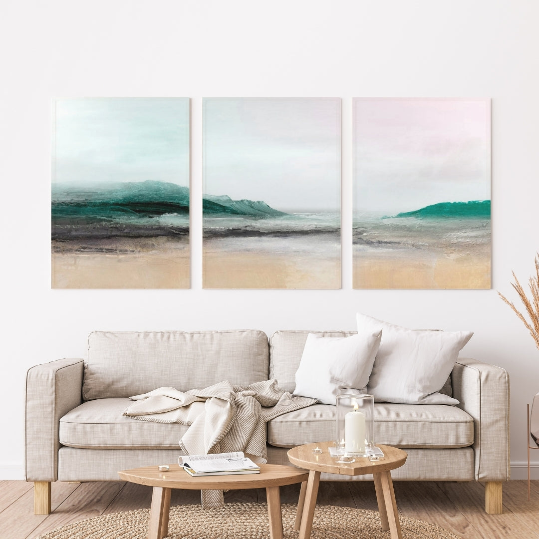 AquaVista – Teal & Beige Coastal Landscape Abstract Trio - Wall Art Set of 3