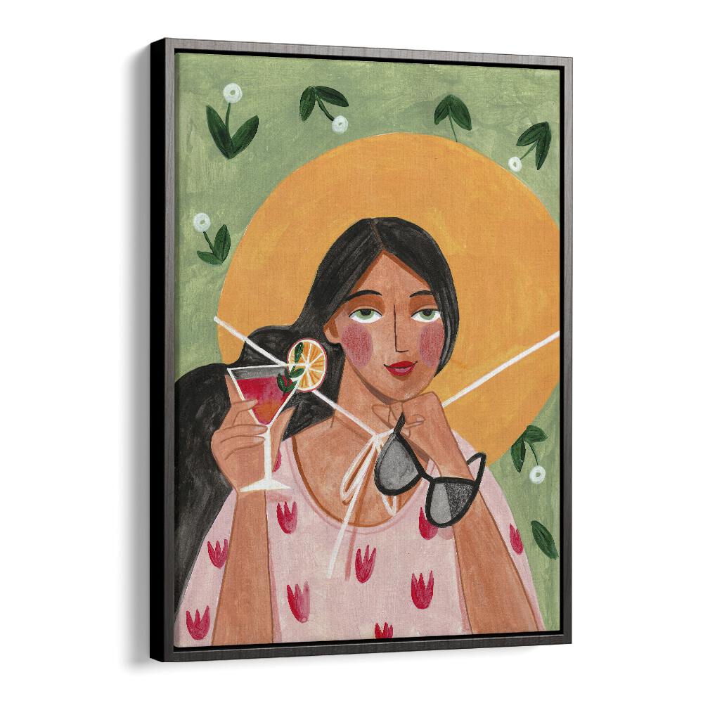 Abstract modern bohemian illustration featuring a woman with cocktail, blending elegance and contemporary art. WOMAN WITH COCKTAIL, PORTRAITS.