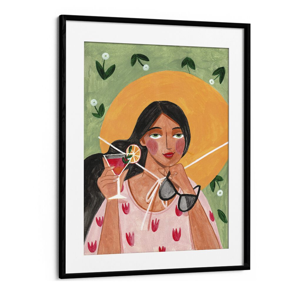 Abstract modern illustration of a woman with cocktail, showcasing bohemian elegance in vibrant colors. WOMAN WITH COCKTAIL, PORTRAITS.