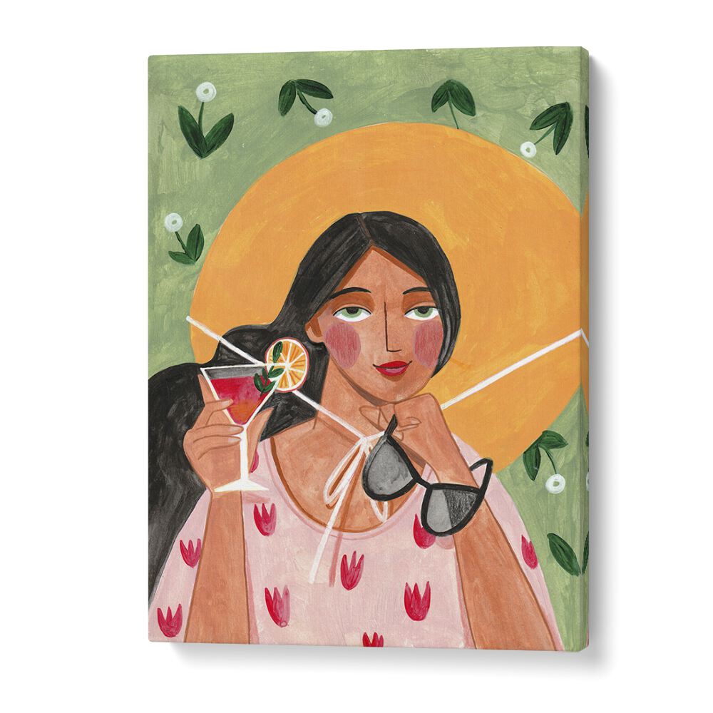 Abstract illustration of a woman with cocktail, capturing the modern bohemian spirit in vibrant colors. WOMAN WITH COCKTAIL, PORTRAITS.