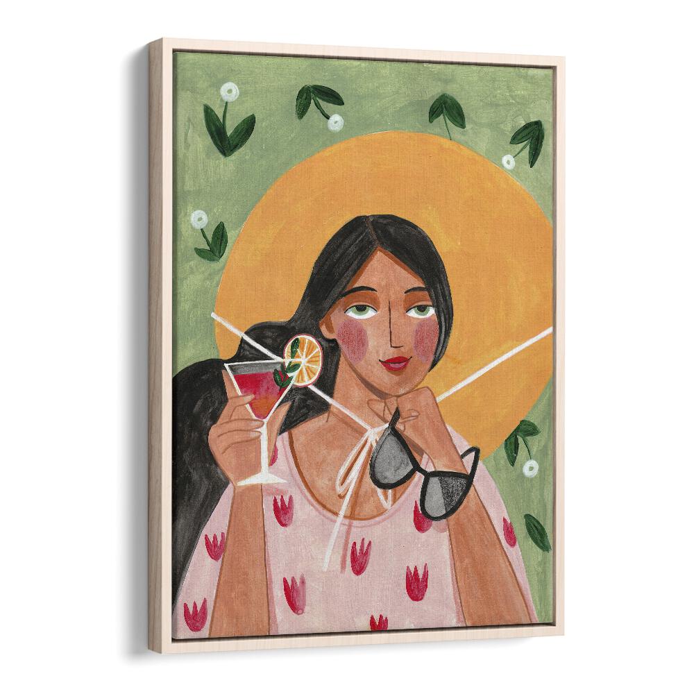 Abstract modern bohemian woman with cocktail, portraits showcasing artistic elegance by Caroline Bonne Muller.