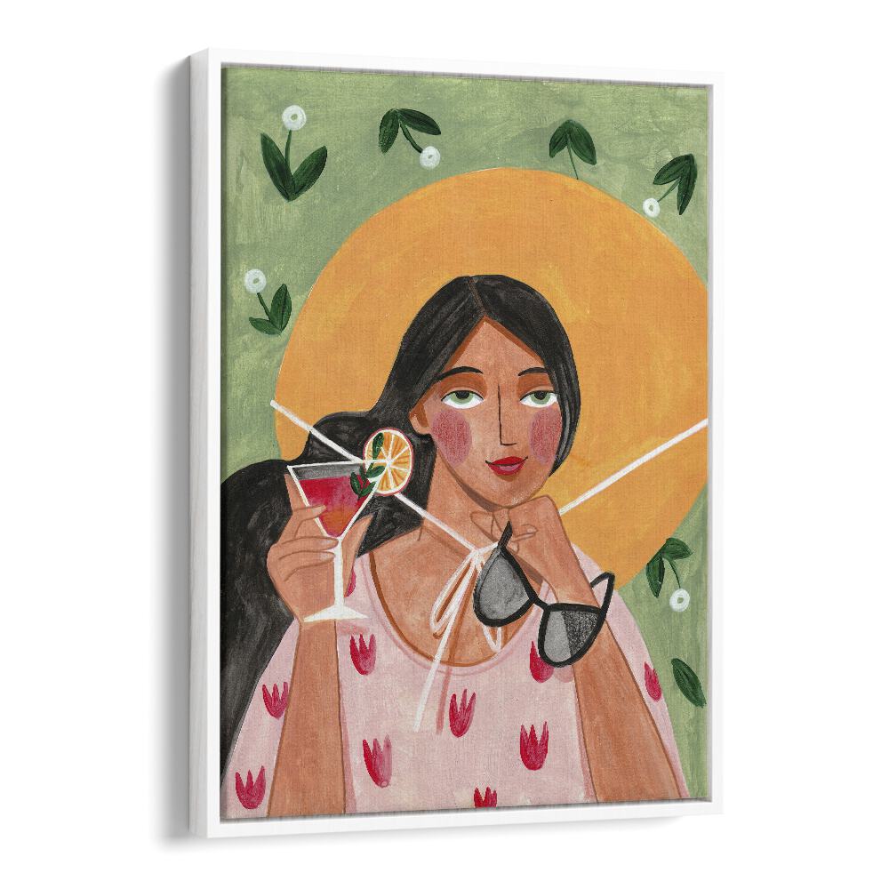 Abstract modern bohemian illustration of a woman with cocktail, capturing artistic elegance in vibrant colors.
