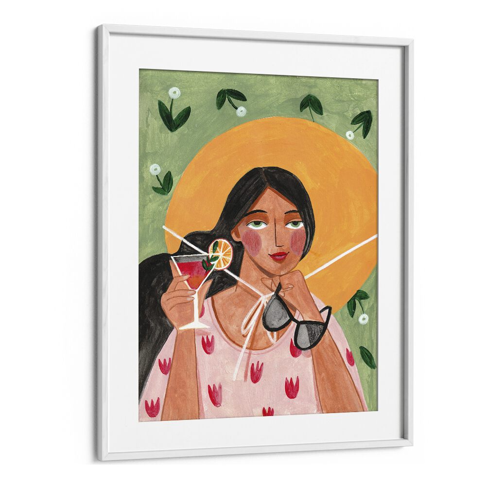 Abstract modern bohemian woman with cocktail, capturing elegance in portraits by Caroline Bonne Muller.