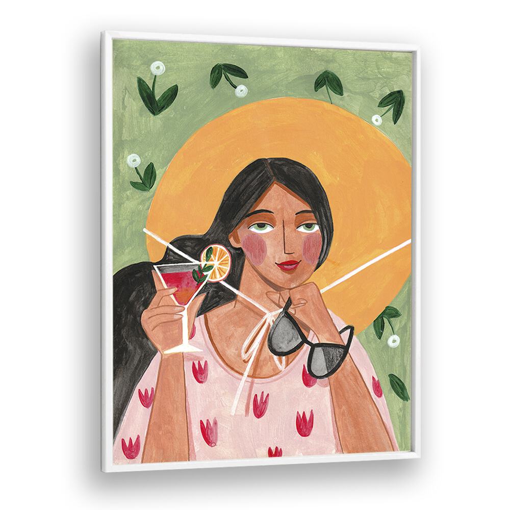 Abstract modern bohemian woman with cocktail, showcasing elegance in portraits by Caroline Bonne Muller.