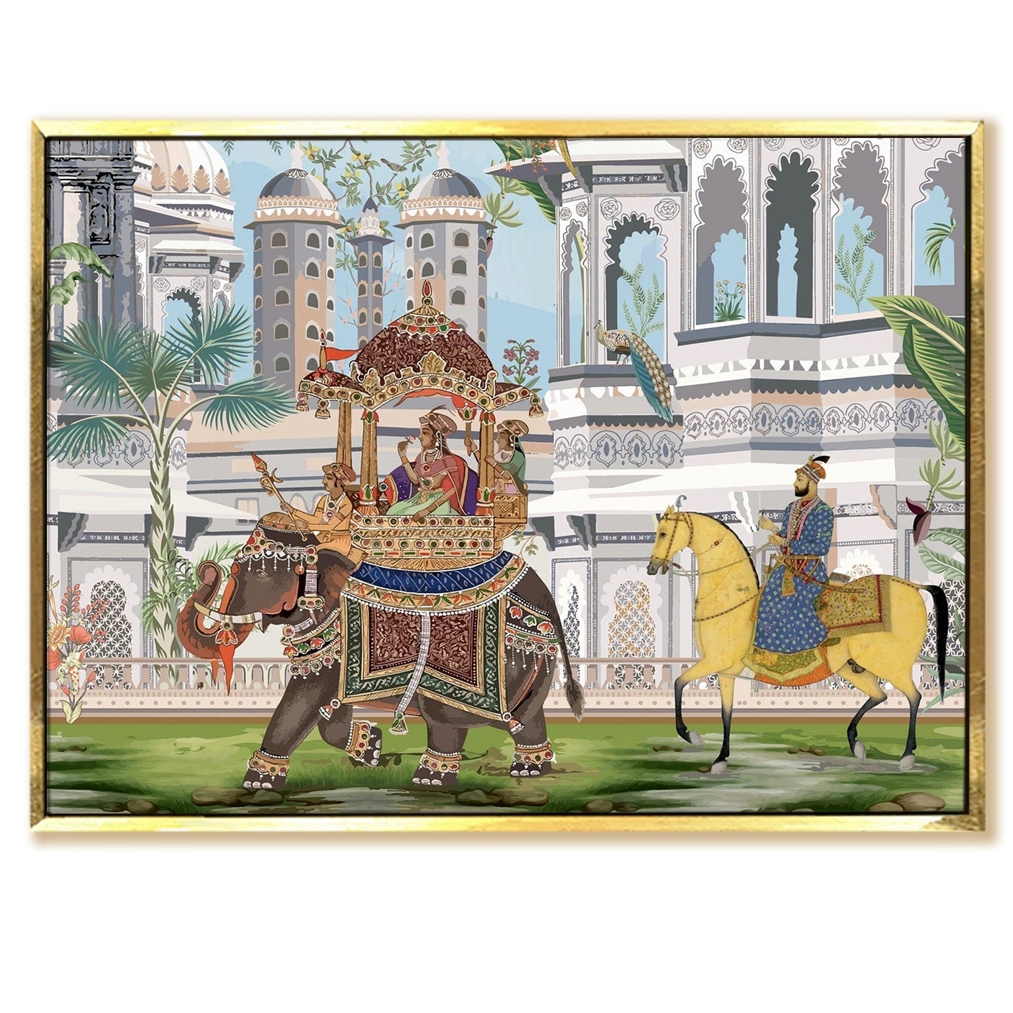 The Queen's Elephant Ride: A Glimpse into Mughal Royalty on Framed Canvas Artwork Perfect for Office and Home Wall Decor.