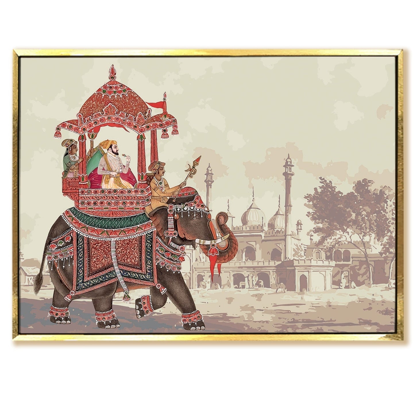 A Tapestry of Power and Grace: The Mughal Emperor's Journey on a Decorated Elephant Carriage, Flanked by Royal Guards Wall Painting