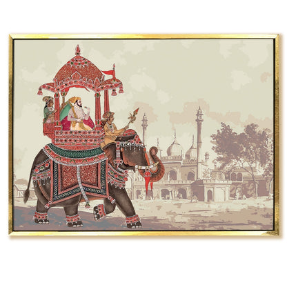 A Tapestry of Power and Grace: The Mughal Emperor's Journey on a Decorated Elephant Carriage, Flanked by Royal Guards Wall Painting