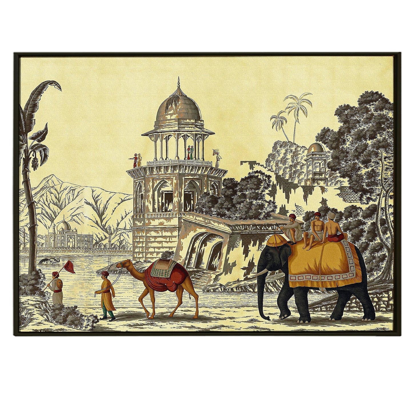 The Mughal Stronghold: A Fort Landscape with Elephant and Camel Historical Art Impressionism Painting Picture on Framed Artwork for Home Decor.