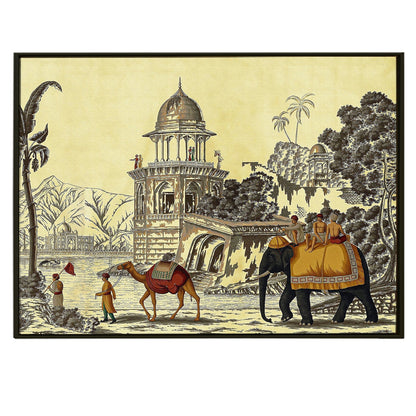The Mughal Stronghold: A Fort Landscape with Elephant and Camel Historical Art Impressionism Painting Picture on Framed Artwork for Home Decor.