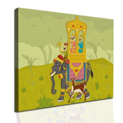 Witnessing Grandeur: Crowds Gather as the Maharaja Leads a Procession on Elephant Back Artwork. Adds sophistication to your decor.