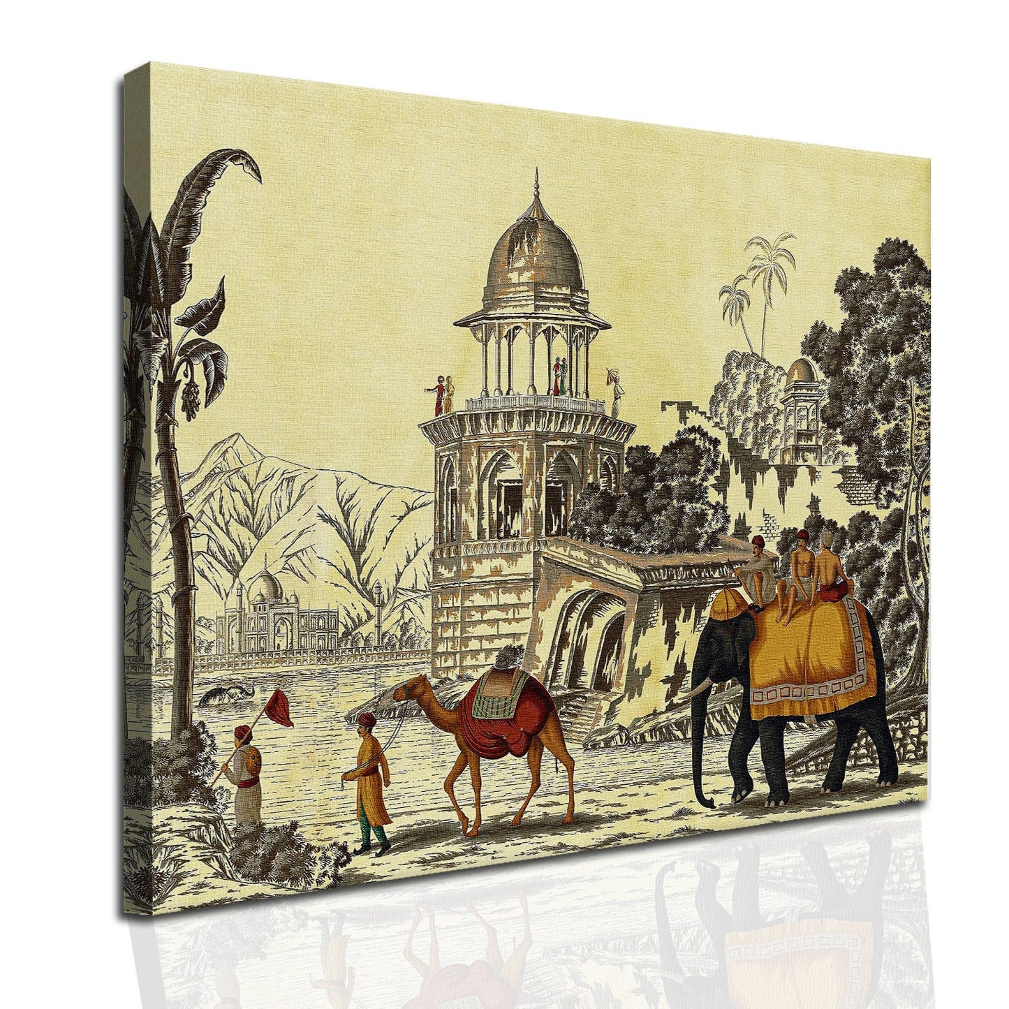 The Mughal Stronghold: A Fort Landscape with Elephant and Camel Historical Art Impressionism Painting Picture on Framed Artwork for Home Decor.