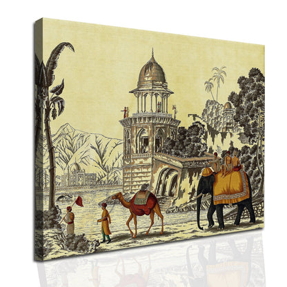 The Mughal Stronghold: A Fort Landscape with Elephant and Camel Historical Art Impressionism Painting Picture on Framed Artwork for Home Decor.