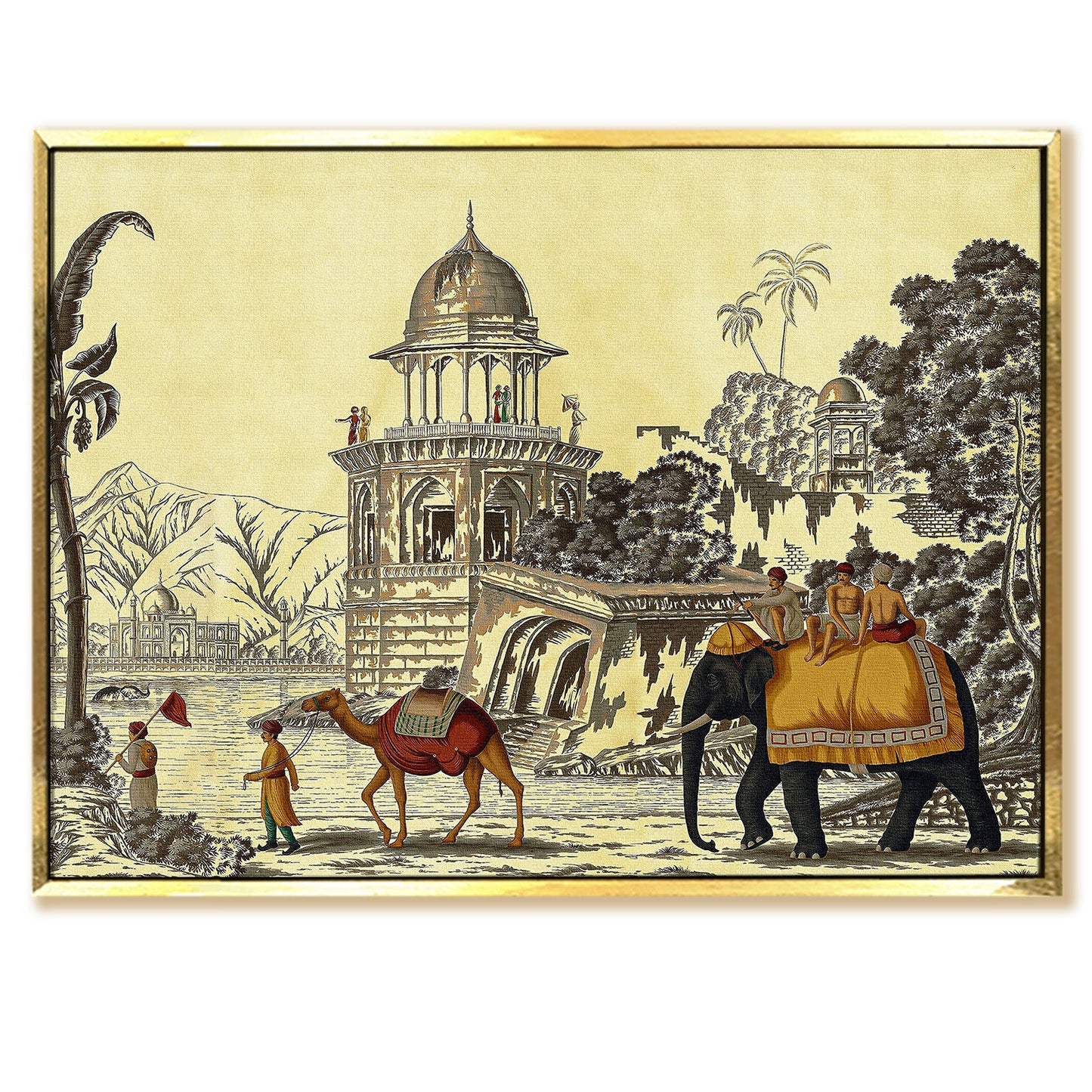 The Mughal Stronghold: A Fort Landscape with Elephant and Camel Historical Art Impressionism Painting Picture on Framed Artwork for Home Decor.