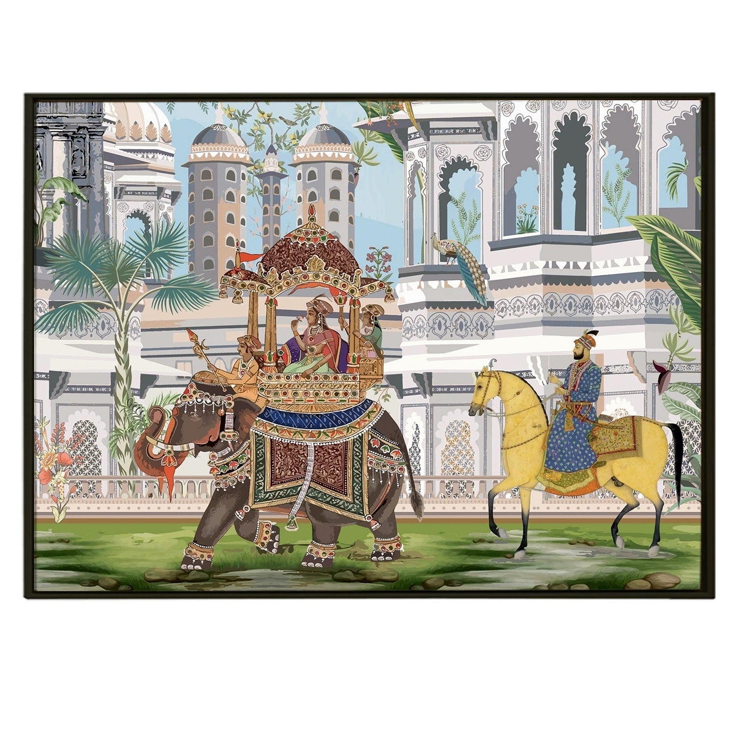 The Queen's Elephant Ride: A Glimpse into Mughal Royalty on Framed Canvas Artwork Perfect for Office and Home Wall Decor.