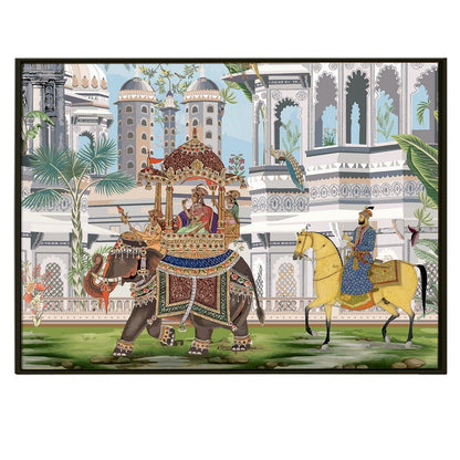The Queen's Elephant Ride: A Glimpse into Mughal Royalty on Framed Canvas Artwork Perfect for Office and Home Wall Decor.