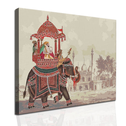 A Tapestry of Power and Grace: The Mughal Emperor's Journey on a Decorated Elephant Carriage, Flanked by Royal Guards Wall Painting
