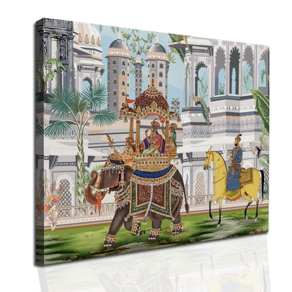 The Queen's Elephant Ride: A Glimpse into Mughal Royalty on Framed Canvas Artwork Perfect for Office and Home Wall Decor.
