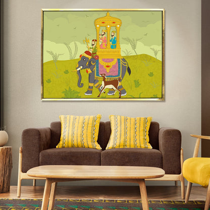 Witnessing Grandeur: Crowds Gather as the Maharaja Leads a Procession on Elephant Back Artwork. Adds sophistication to your decor.