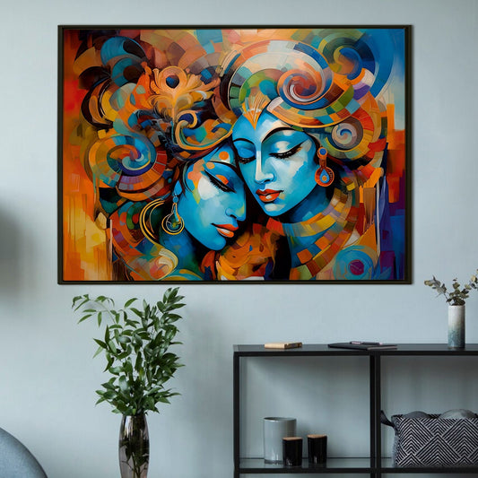 The Eternal Embrace: Art of Radha Krishna Painting Framed Canvas Print, make your home decor beautiful