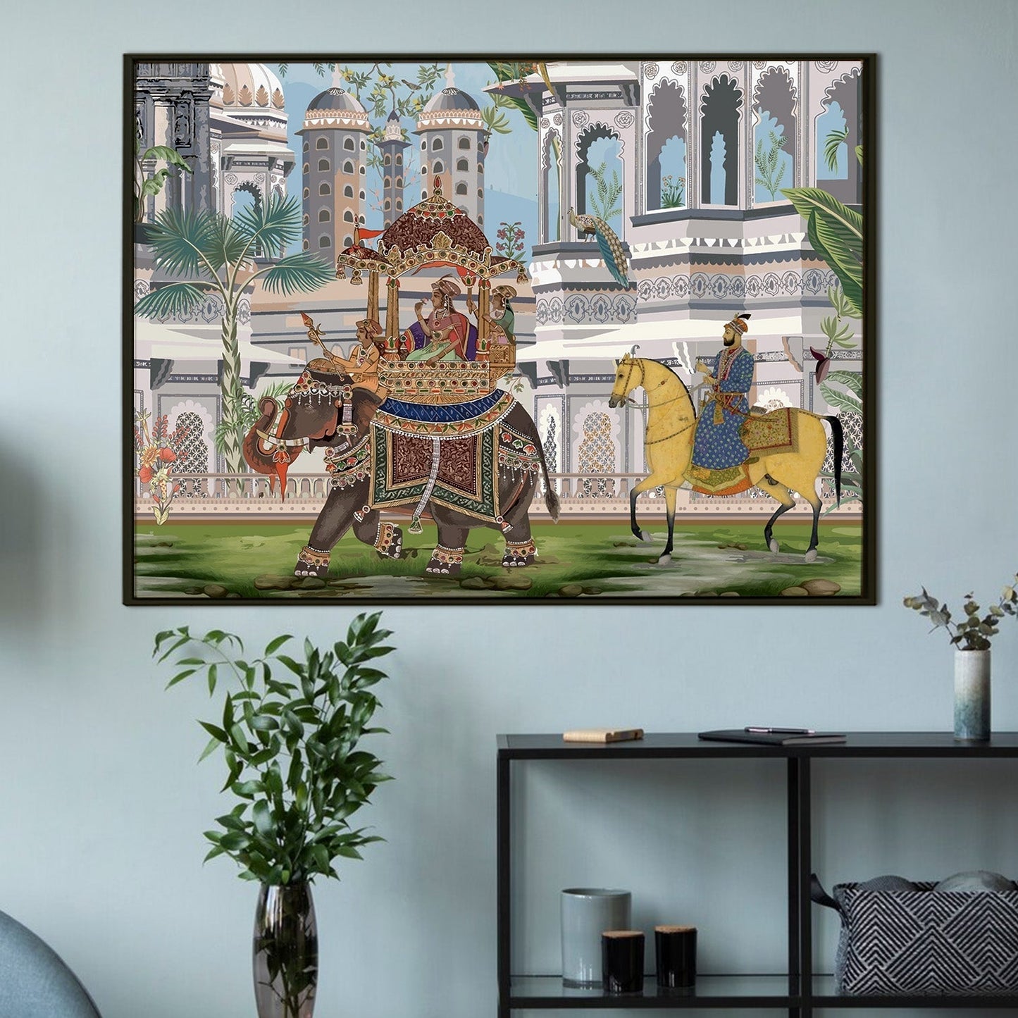 The Queen's Elephant Ride: A Glimpse into Mughal Royalty on Framed Canvas Artwork Perfect for Office and Home Wall Decor.